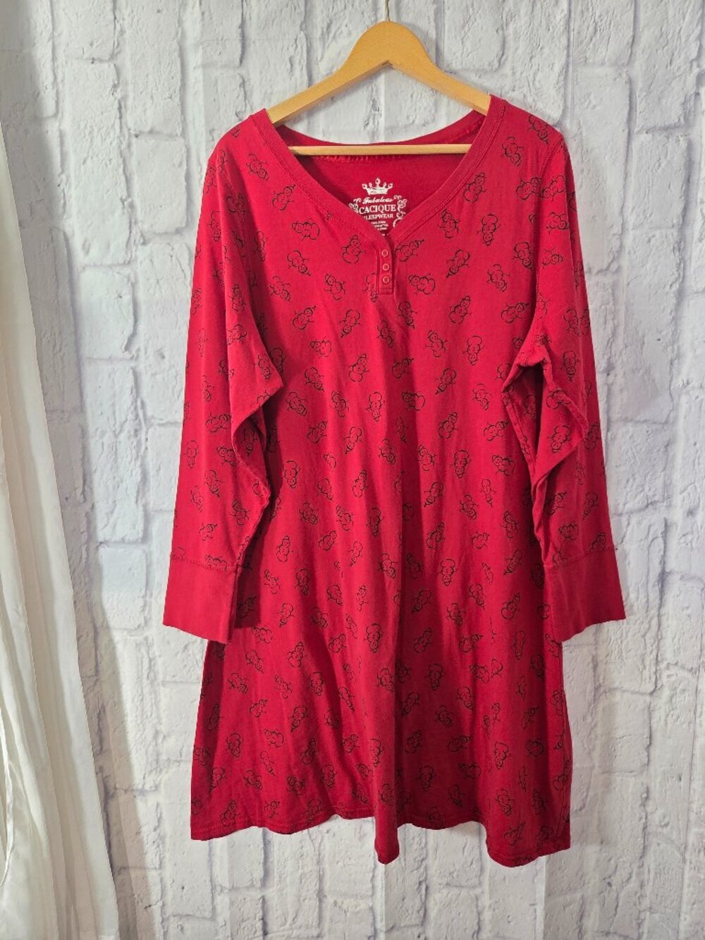 Cacique 22/24 Red Snowman Print V Neck Longsleeve Holiday Winter Nightgown